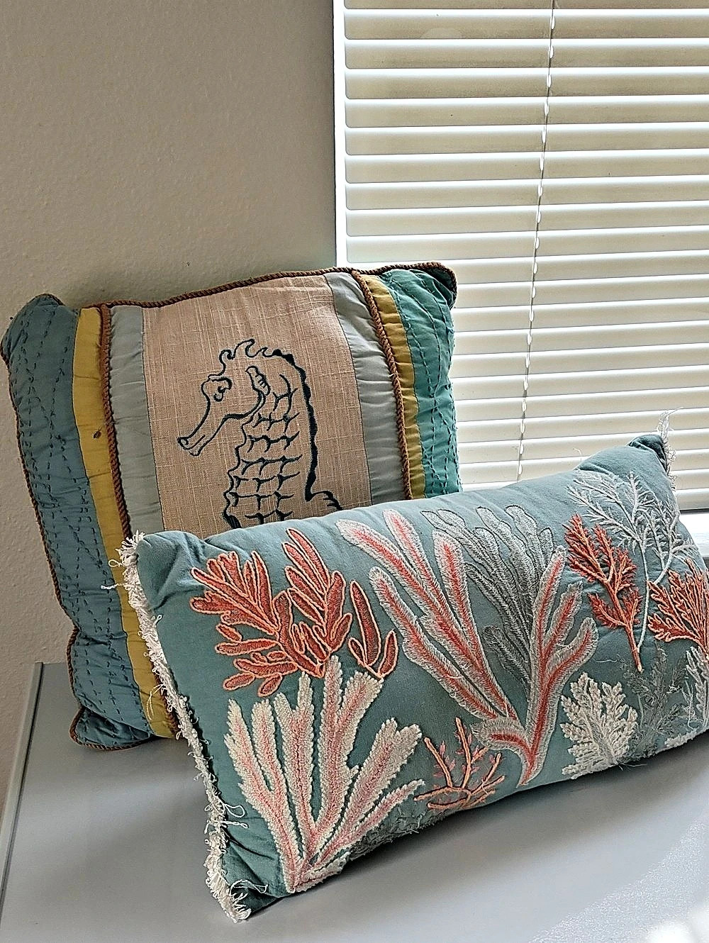 Embroidered Coastal Accent Pillows in Teal & Peace